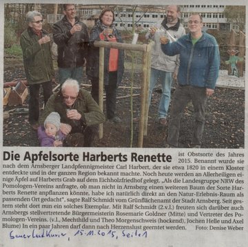 Am 14. November 2015 wurde in Arnsberg eine Harberts Renette gepflanzt. (Bericht aus dem Sauerlandkurier vom 15.11.2015)